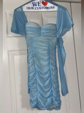 Light Blue Ruched Strapless Evening Dress with Bejeweled Straps